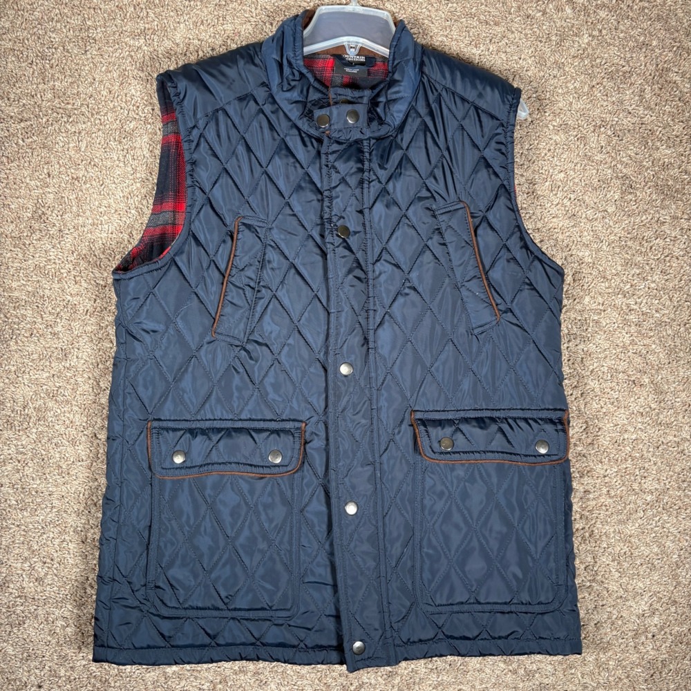 Mountain Expeditions Mens Navy Blue Quilted‎ Vest Plaid Lined Snap Front Medium